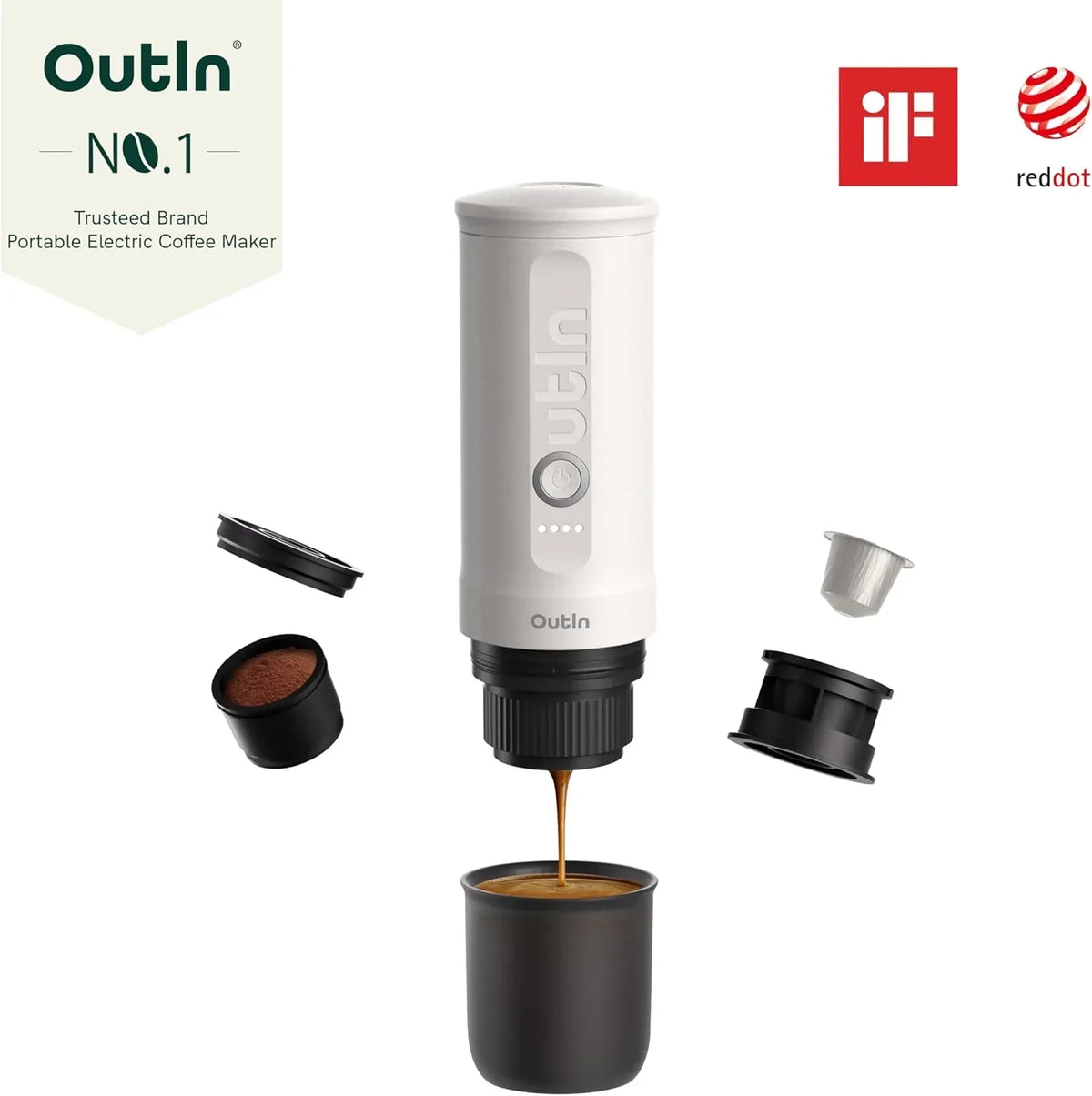 Nouveauté 2026 – Machine à expresso électrique portable OutIn Nano , cafetière de voyage idéale pour le camping et la voiture. Auto-chauffante avec port USB-C, elle fonctionne avec du café moulu et des capsules NS. Parfaite pour les camping-cars, la