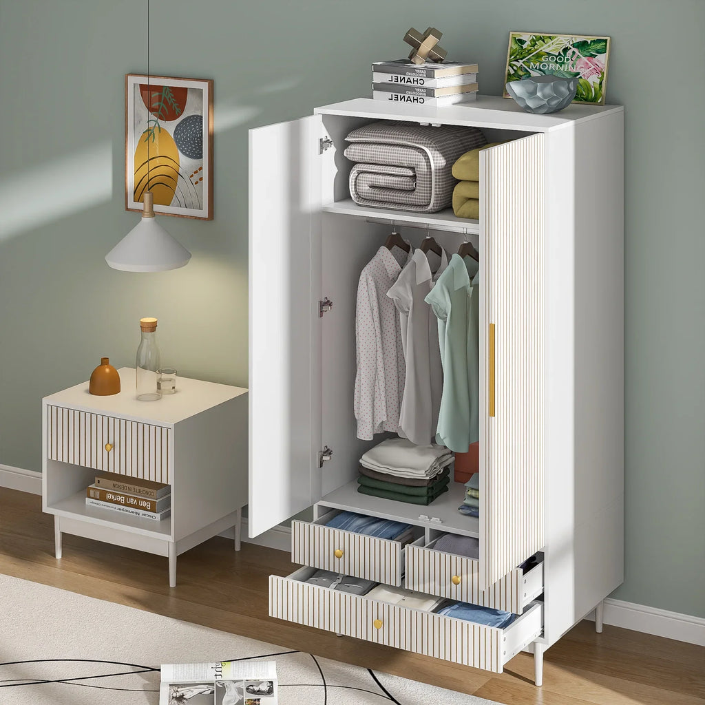 Nouveauté 2026 – Armoire-penderie Armoire à 2 portes, avec penderie et tiroirs, en bois blanc, idéale pour la chambre à coucher