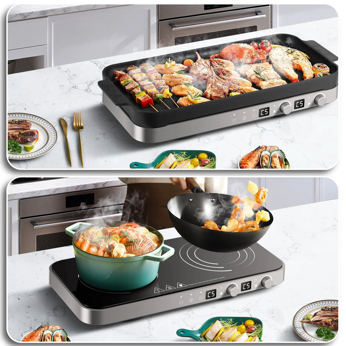 Nouveauté 2026 – Plaque de cuisson à induction portable double Sunmaki avec plaque de cuisson amovible antiadhésive, 1800 W, 2 brûleurs, commandes tactiles, 9 niveaux de puissance, minuterie 99 min, idéale pour les fêtes de famille