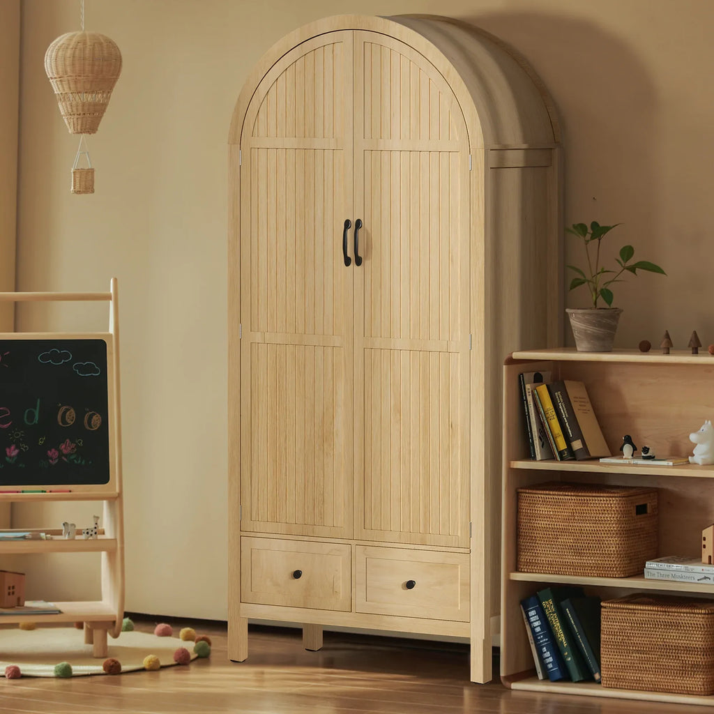 Nouveauté 2026 – Armoire-penderie cintrée Oubayajia avec portes cannelées, en bois, avec tiroirs, étagères et tringle pour chambre à coucher