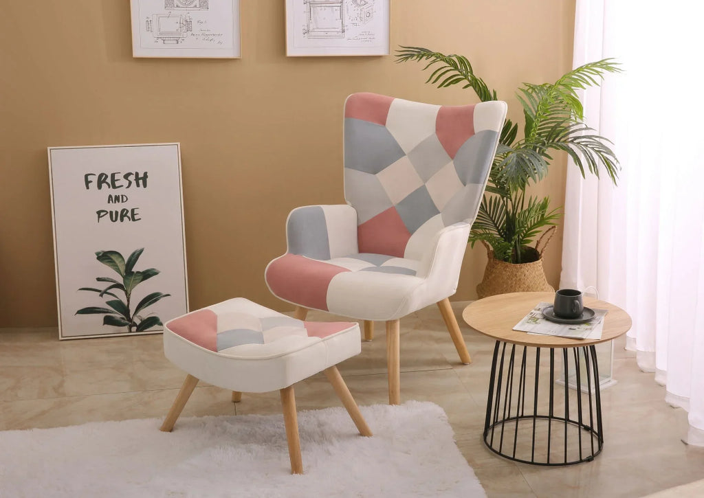 Nouveauté 2026 – Fauteuil d'appoint moderne avec pieds en bois massif et dossier haut à oreilles, ensemble de fauteuil avec repose-pieds, fauteuil confortable pour salon, salle de lecture, chambre, patchwork coloré