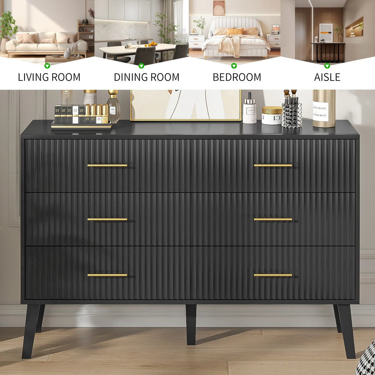 Nouveauté 2026 – Commode à 6 tiroirs Fluted , commode moderne large, commode double à 6 tiroirs