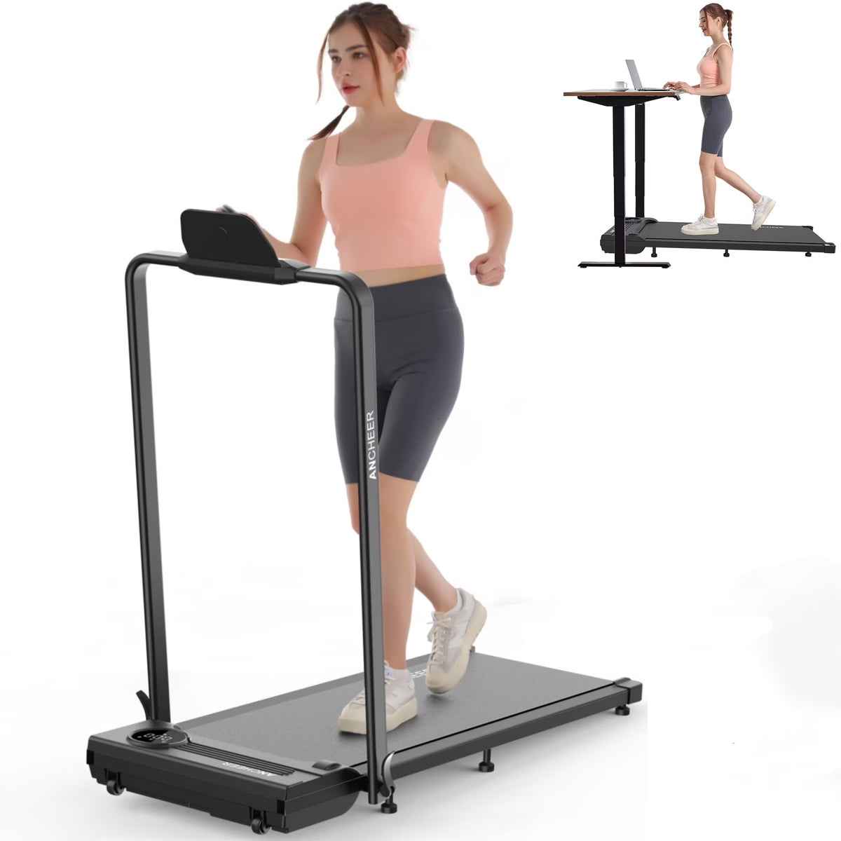 Nouveauté 2026 – Tapis de marche pliable et portable ANCHEER , capacité de 136 kg (300 lb), vitesse de 12 km/h (7,5 mi/h), à placer sous un bureau, avec télécommande et écran LED, 2 en 1, pour la maison, le bureau ou l'exercice (rose
