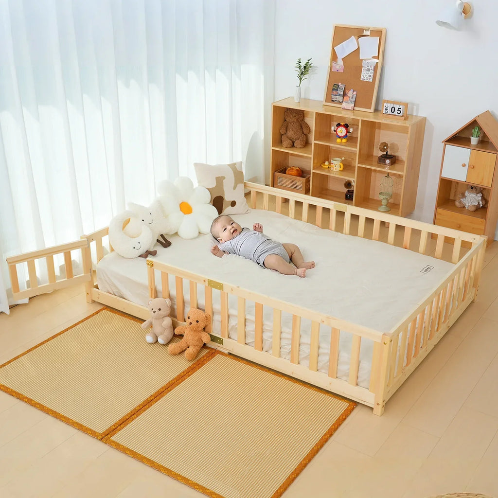 Nouveauté 2026 – Lit de sol Montessori pour tout-petits (taille jumelle), cadre de lit en bois massif avec barrière et porte, pour filles et garçons