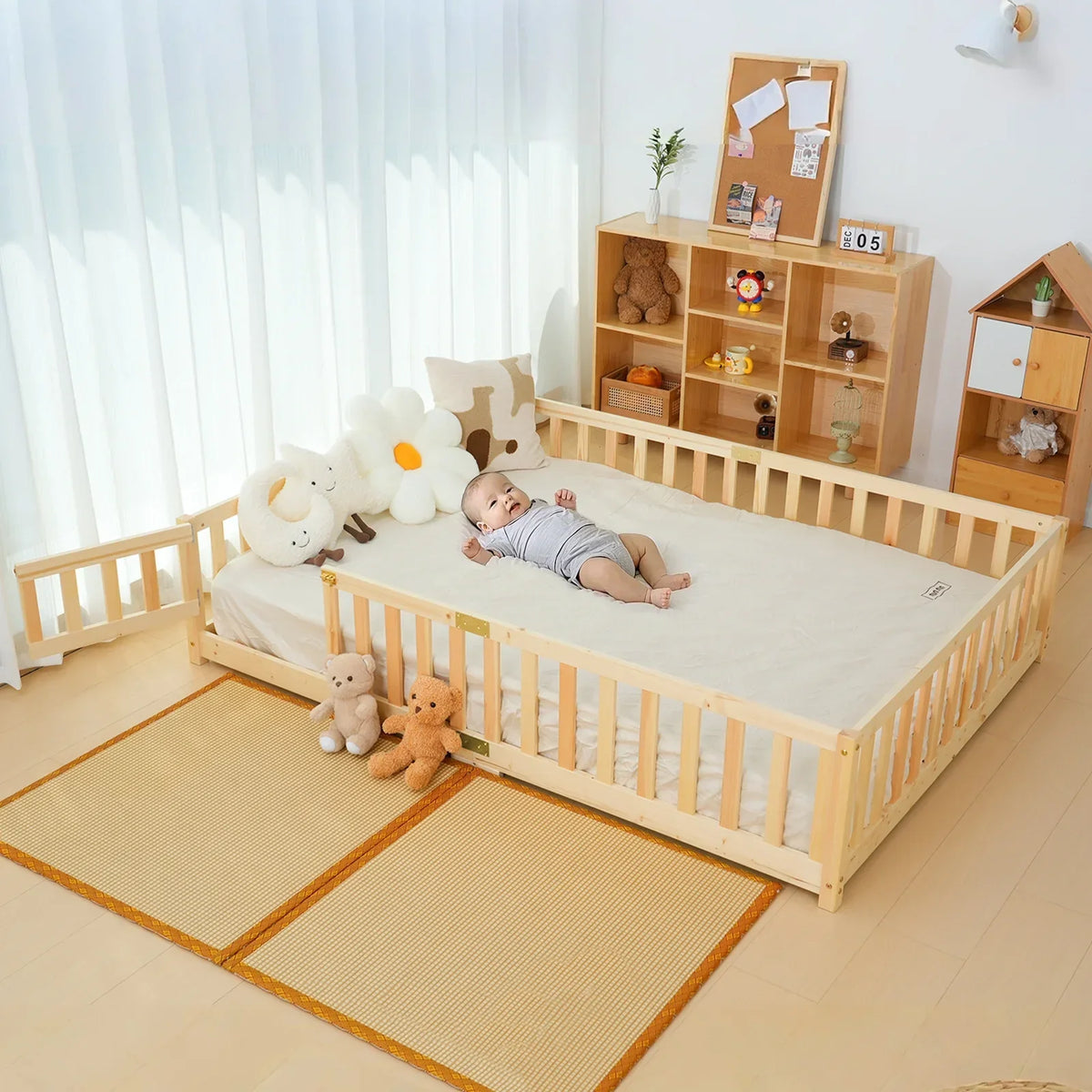 Nouveauté 2026 – Lit de sol Montessori pour tout-petits (taille jumelle), cadre de lit en bois massif avec barrière et porte, pour filles et garçons