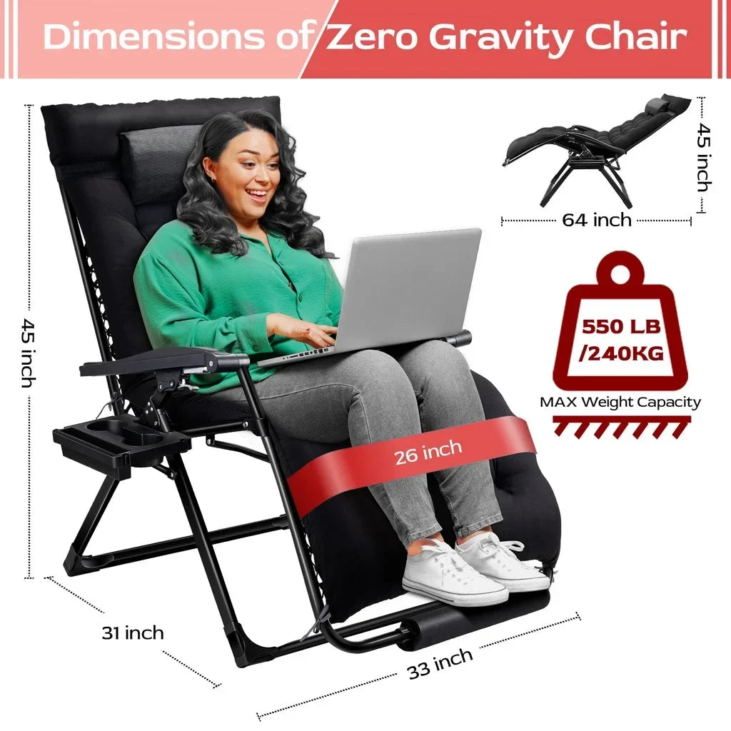 Nouveauté 2026 – Fauteuil zéro gravité surdimensionné VECUKTY XXL - Capacité de 227 kg, siège rembourré de 84 cm de large, fauteuil de voyage pliable pour une utilisation intérieure/extérieure - Terrasse, pelouse, noir, portable et robuste