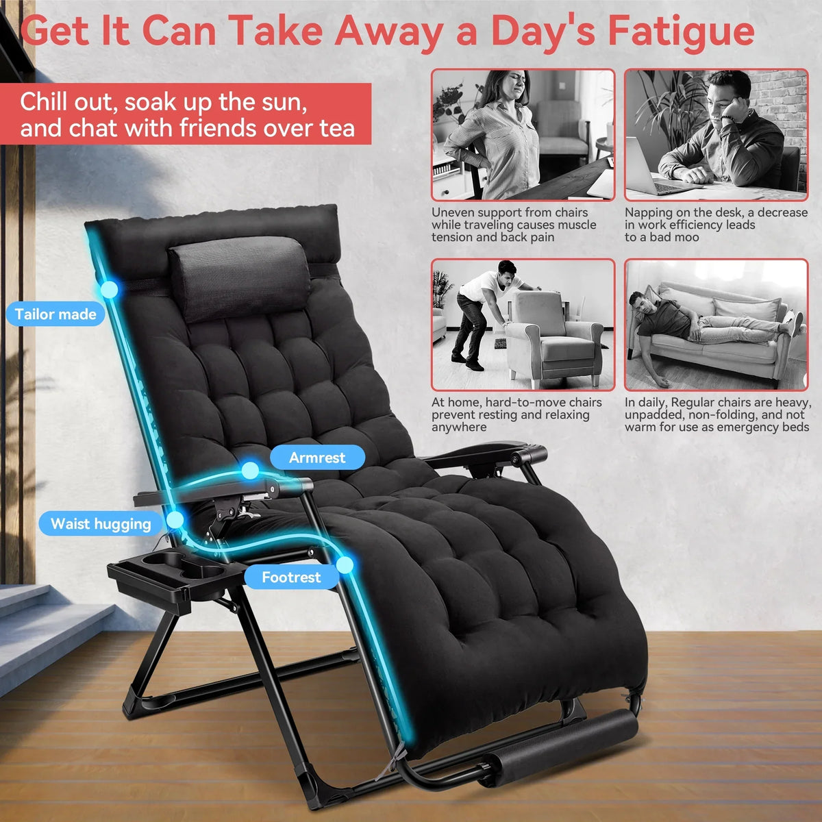 Nouveauté 2026 – Fauteuil zéro gravité surdimensionné VECUKTY XXL - Capacité de 227 kg, siège rembourré de 84 cm de large, fauteuil de voyage pliable pour une utilisation intérieure/extérieure - Terrasse, pelouse, noir, portable et robuste