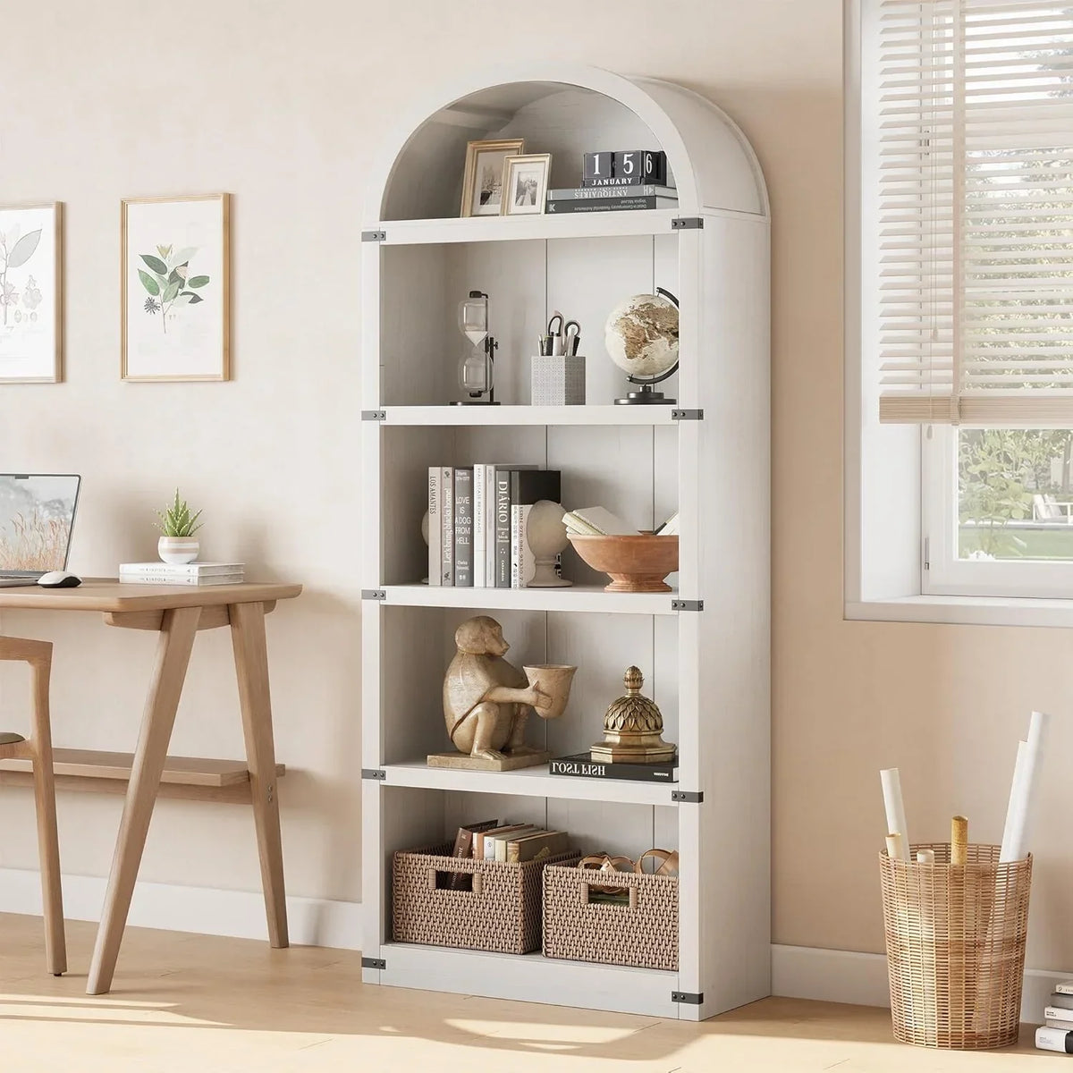 Nouveauté 2026 – Bibliothèque arquée à 5 étagères, 182 cm de haut, style ferme, étagère de rangement en bois pour la maison, le bureau ou le salon (blanche