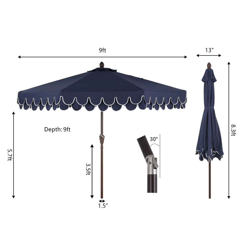 Nouveauté 2026 – Parasol de marché JONATHAN Y Tracy 2,74 m (9 pi), style classique milieu du siècle, franges festonnées, manivelle d'inclinaison automatique, aération et protection UV, rose corail/blanc, mât marron foncé