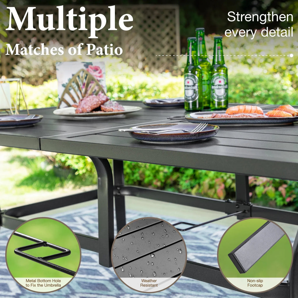 Nouveauté 2026 – Table de salle à manger rectangulaire d'extérieur MF Studio 6 personnes avec trou pour parasol, résistante aux intempéries, noire