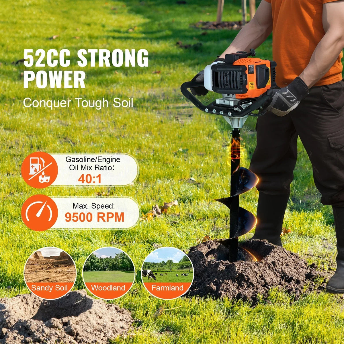 Nouveauté 2026 – Tarière à essence KFFKFF , 52 cm³, 1450 W, avec foret de 20 cm et rallonge, idéale pour le jardinage, les travaux agricoles et la pose de clôtures, orange et noir