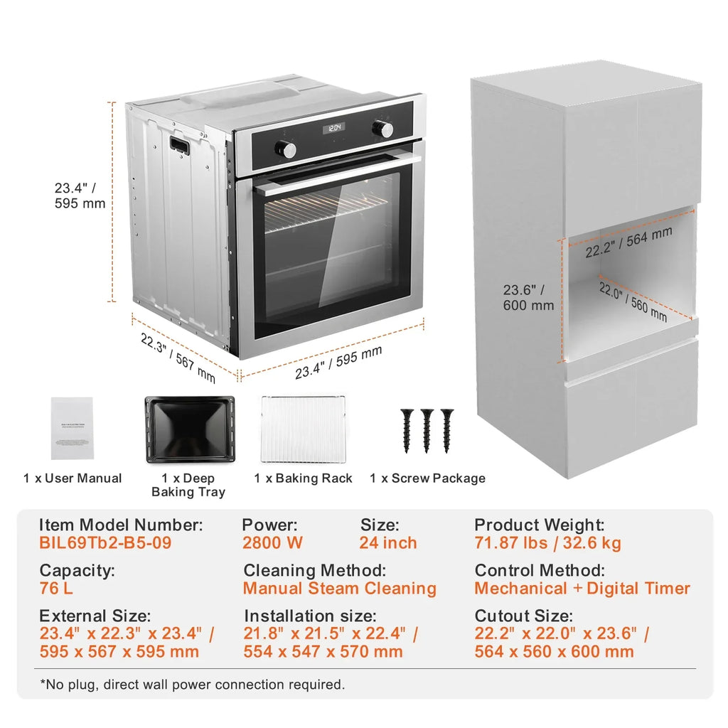 Nouveauté 2026 – Four mural simple KFFKFF , four électrique de 61 cm (24 po) pour installation encastrée, offre 9 modes de cuisson, capacité de 76 litres (2,68 pi³), minuterie incluse, puissance de 2 800 W
