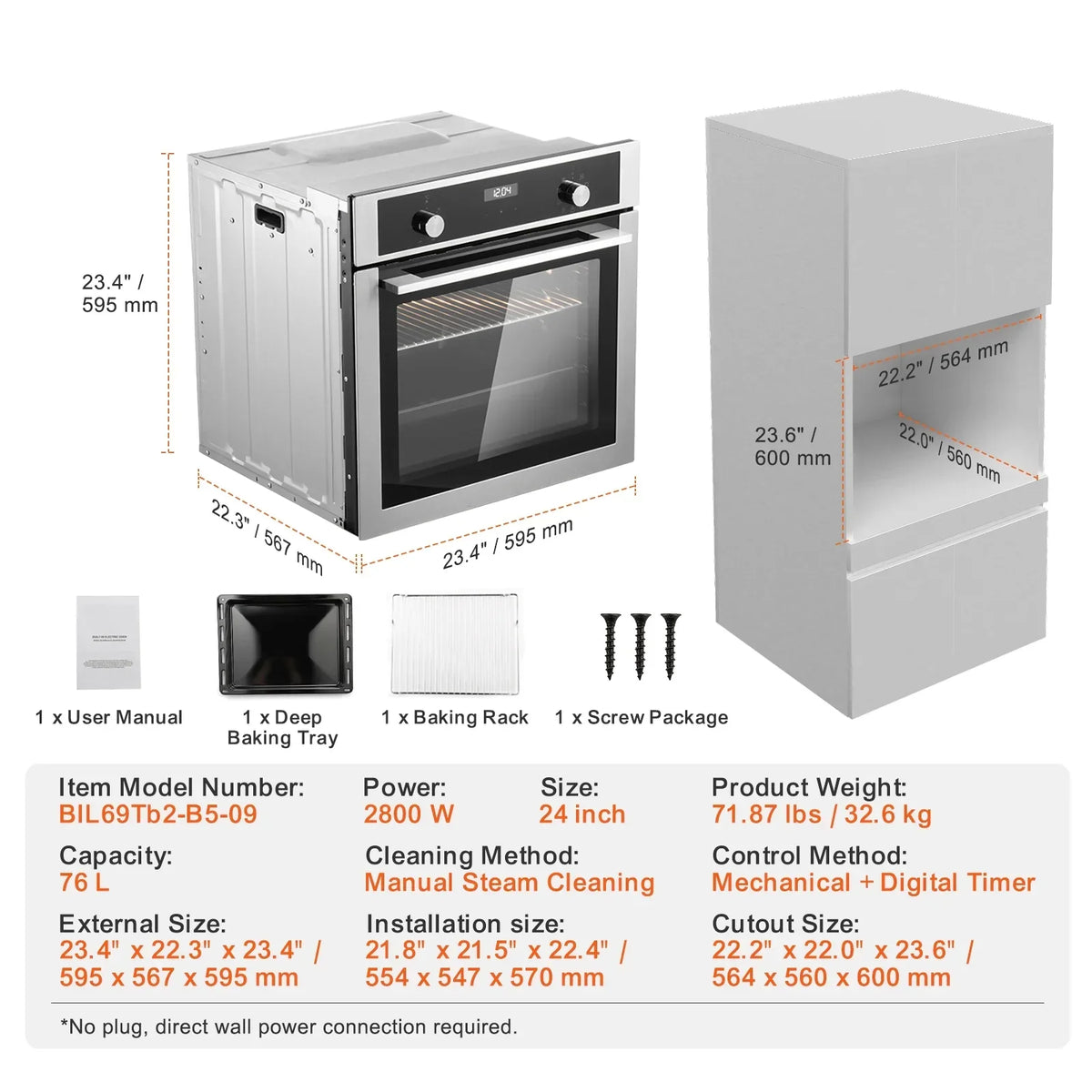 Nouveauté 2026 – Four mural simple KFFKFF , four électrique de 61 cm (24 po) pour installation encastrée, offre 9 modes de cuisson, capacité de 76 litres (2,68 pi³), minuterie incluse, puissance de 2 800 W