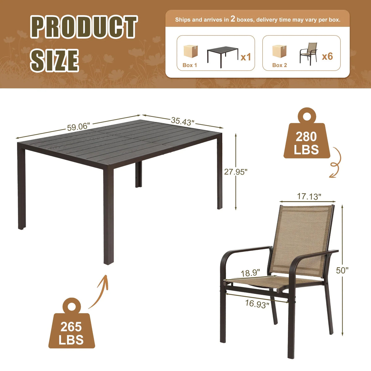 Nouveauté 2026 – Ensemble de salle à manger d'extérieur 7 pièces , comprenant une table et des chaises pour 6 personnes, un plateau en plastique imitation bois et un mobilier de jardin en textilène. Idéal pour terrasse ou patio