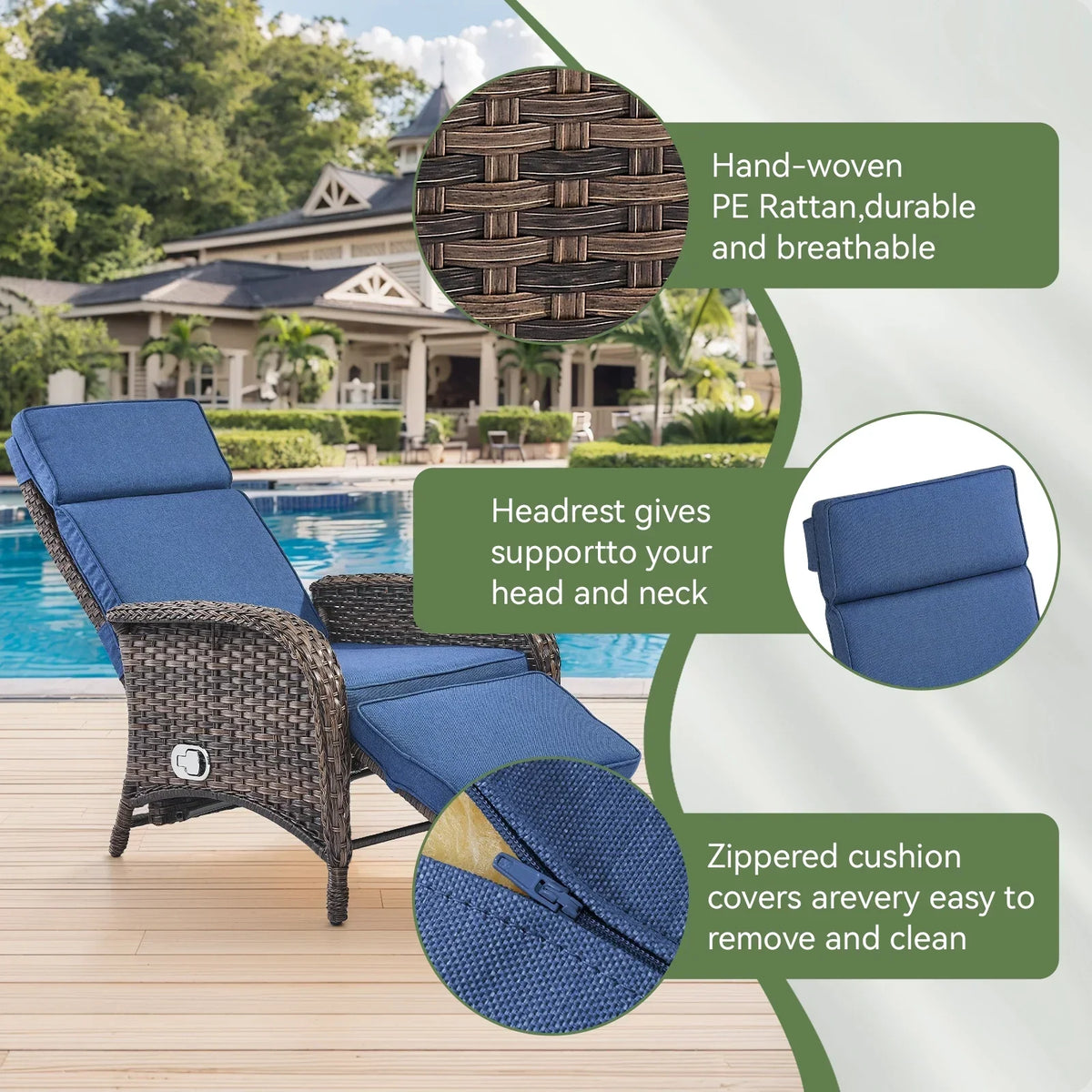 Nouveauté 2026 – Fauteuil inclinable d'extérieur OPOHORO , chaise longue de patio inclinable réglable avec coussin, en osier, avec dossier et repose-pieds réglables, idéal pour le bord de la piscine, beige
