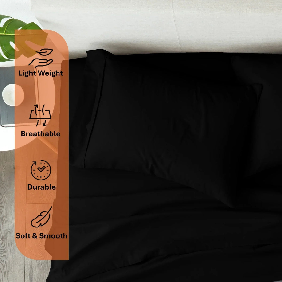 Nouveauté 2026 – Parure de lit 4 pièces en coton égyptien Giza 100 % (600 fils/cm²), drap-housse à bonnet profond de 38 cm, satin doux et respirant - Noir, 1 place
