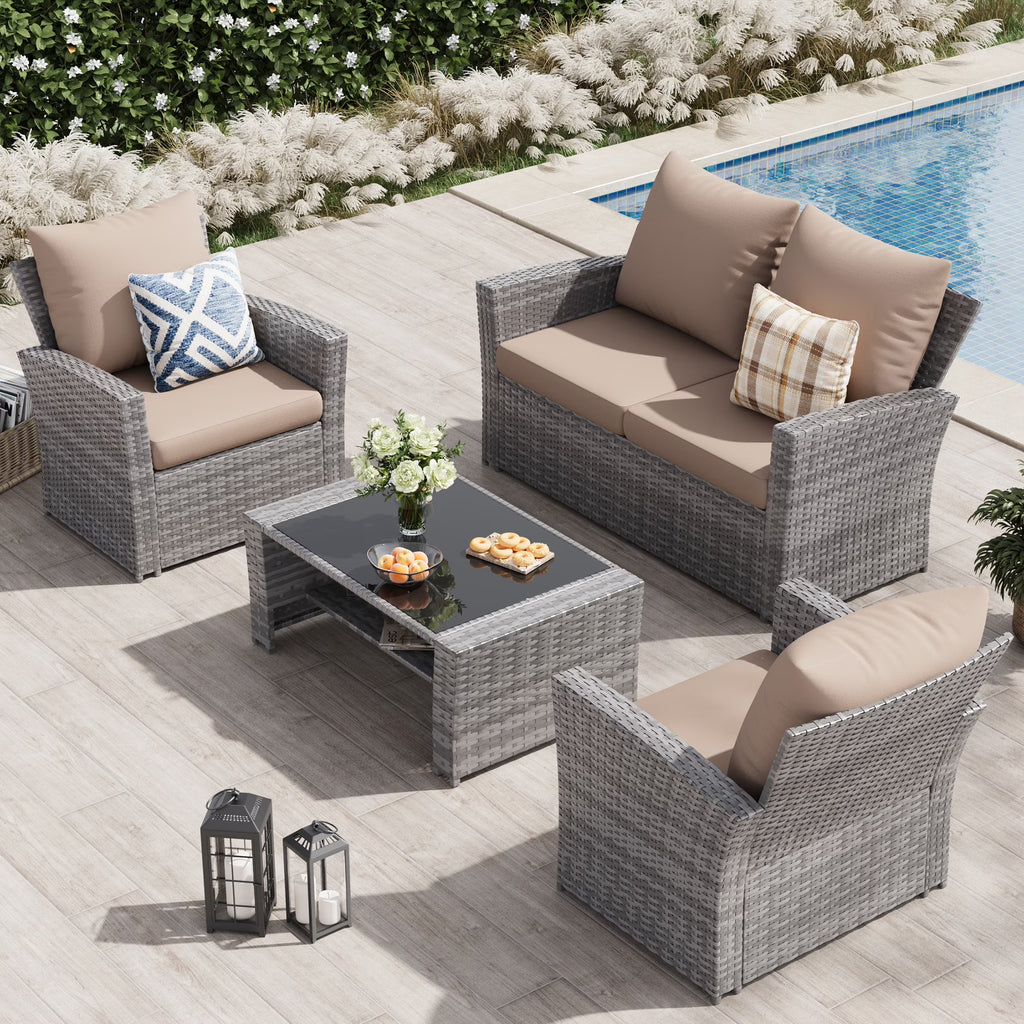 Nouveauté 2026 – Ensemble de mobilier de patio en résine tressée UDPATIO , ensemble de conversation d'extérieur 4 pièces, canapé de patio en rotin PE gris pour balcon, porche, jardin, gris