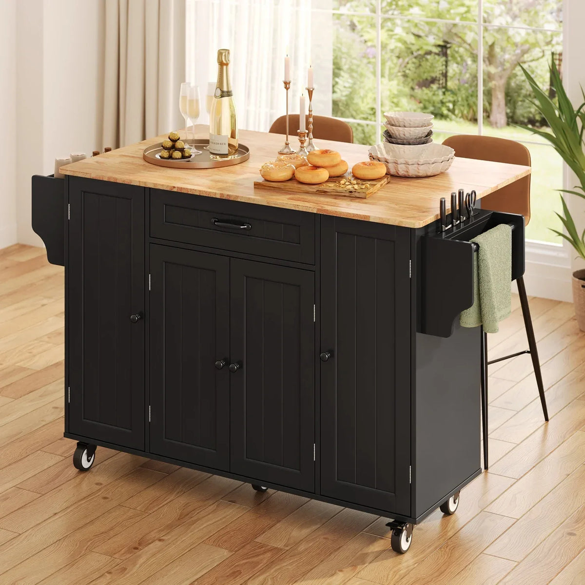 Nouveauté 2026 – Îlot de cuisine Noelse avec rangements, table d'appoint rabattable, porte-épices et porte-serviettes pour petites cuisines, blanc