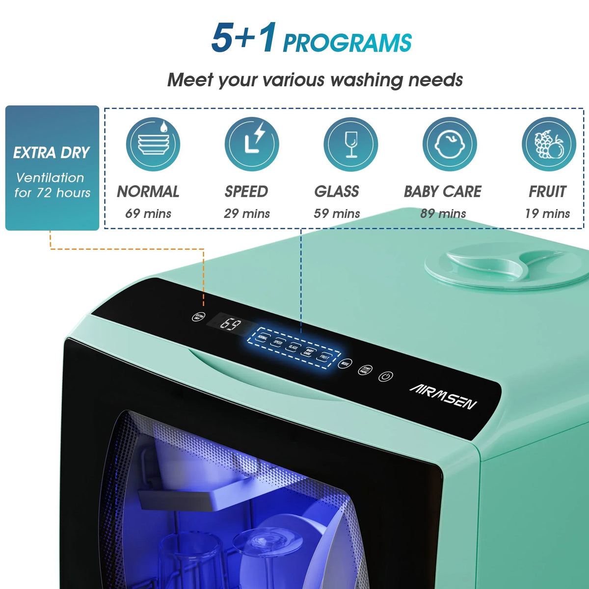 Nouveauté 2026 – Lave-vaisselle portable de comptoir AIRMSEN avec réservoir d'eau intégré de 5 litres et fonction de séchage à l'air, 5 programmes de lavage, mini lave-vaisselle, AE-TDQR03