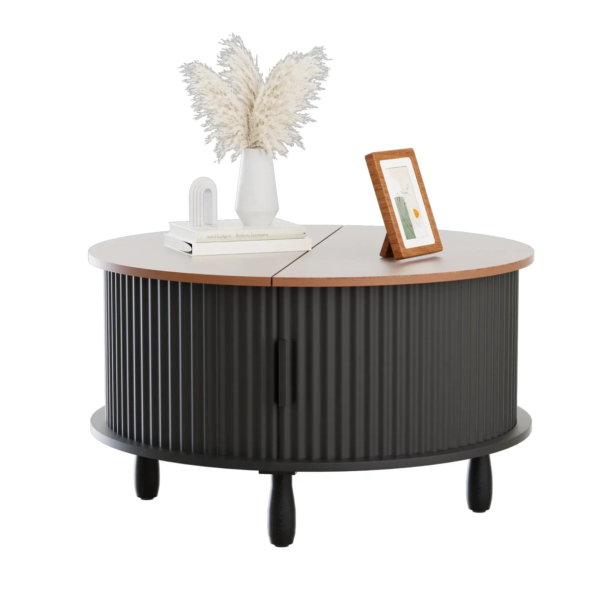 Nouveauté 2026 – Table basse ronde RUMLIVE avec rangement, table basse moderne de 78 cm avec porte coulissante incurvée à 360°, table basse en bois cannelé avec patins, table centrale ronde pour salon, noire