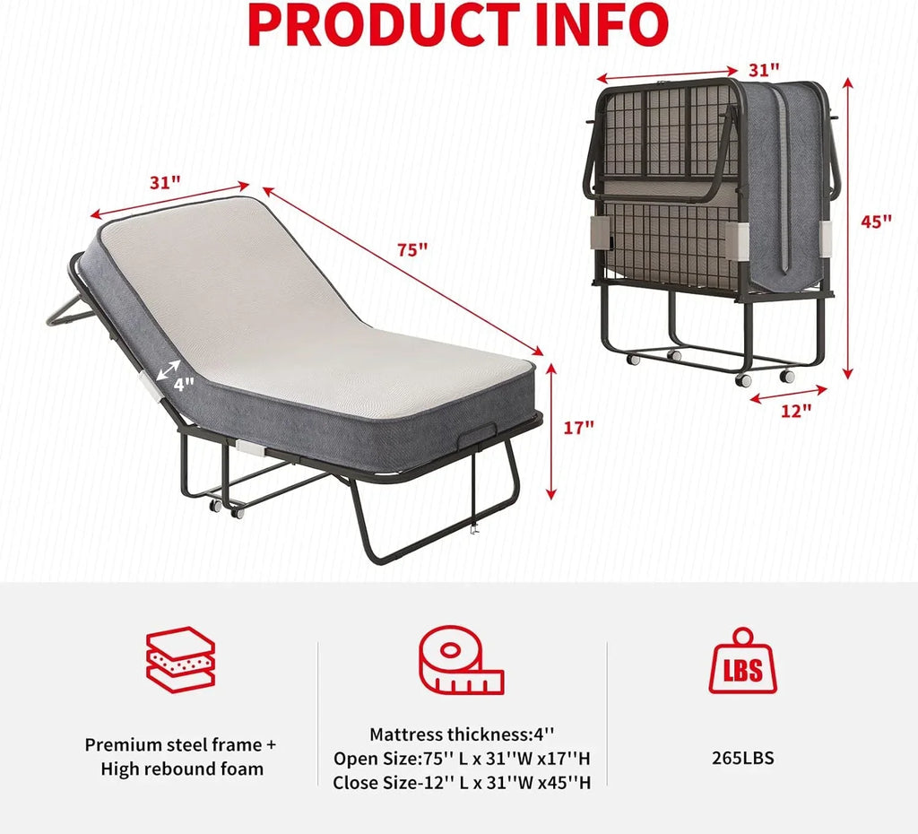 Nouveauté 2026 – Lit pliant Puremind avec matelas en mousse de 10 cm, lit d'appoint 190 x 79 cm pour adultes, lit portable avec roulettes verrouillables, montage et déplacement faciles, standard