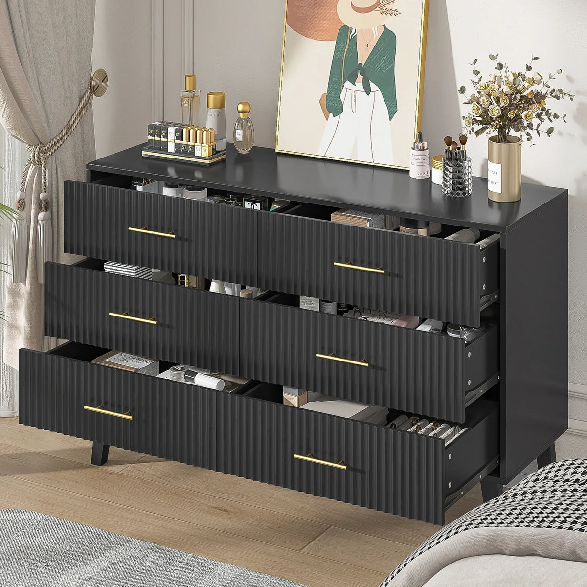 Nouveauté 2026 – Commode à 6 tiroirs Fluted , commode moderne large, commode double à 6 tiroirs