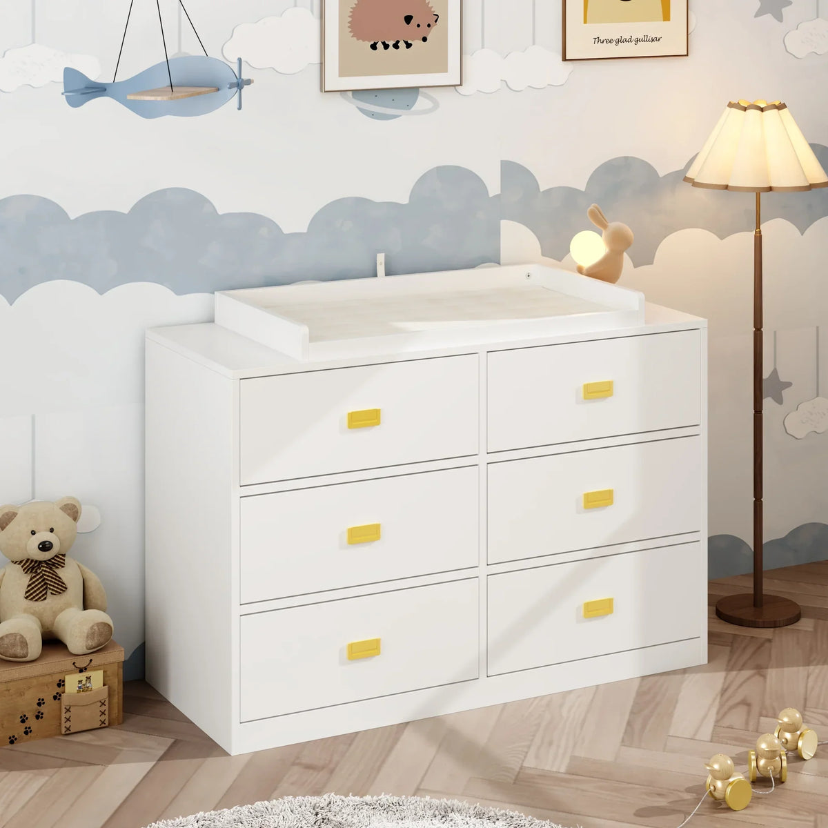 Nouveauté 2026 – Table à langer/commode pour chambre de bébé OXYLIFE , 114 cm (45 po), avec 4 tiroirs et une étagère, blanche