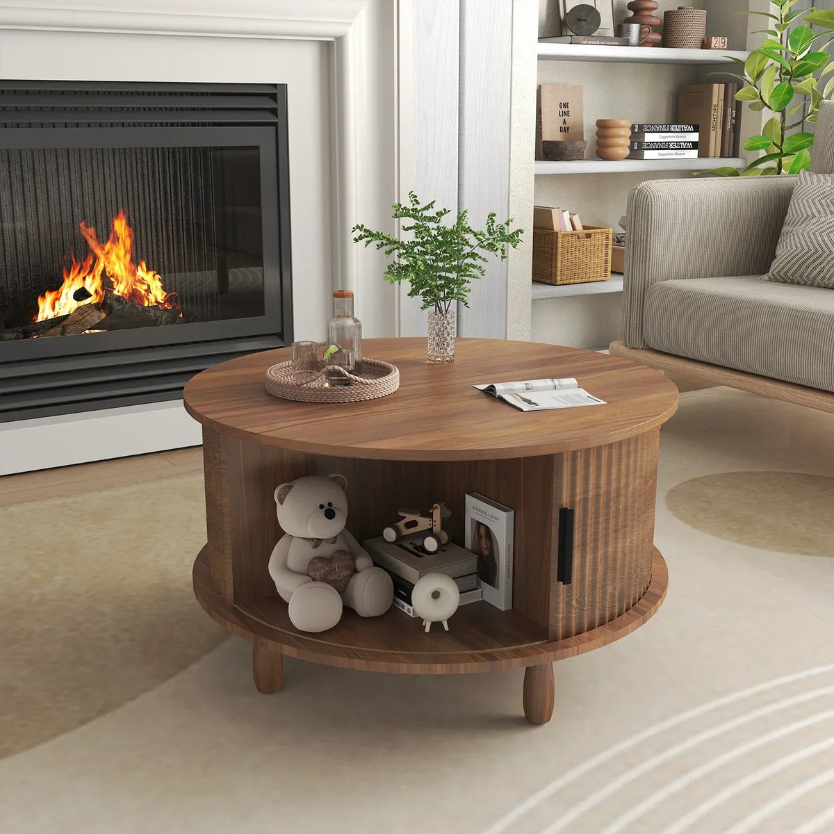 Nouveauté 2026 – Table basse ronde RUMLIVE avec rangement, table basse moderne de 78 cm avec porte coulissante incurvée à 360°, table basse en bois cannelé avec patins, table centrale ronde pour salon, noire
