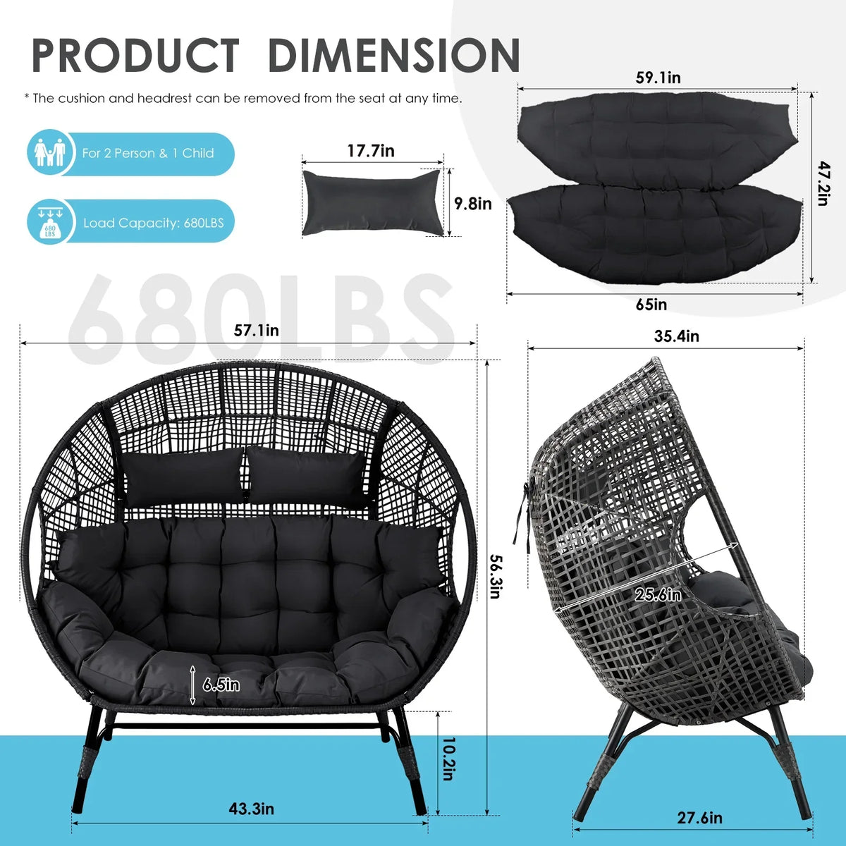 Nouveauté 2026 – Fauteuil double œuf RADIATA pour 2 personnes, canapé deux places surdimensionné en résine tressée avec coussins épais, capacité de 308 kg, fauteuil de jardin/terrasse fixe pour intérieur/extérieur, balcon, jardin, beige