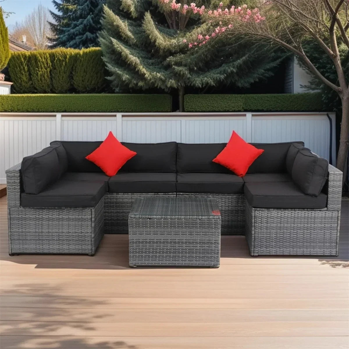 Nouveauté 2026 – Ensemble de mobilier de patio 7 pièces , canapé d'angle en rotin PE, ensemble de conversation avec coussins et table basse en verre, pour balcon, pelouse et jardin, gris