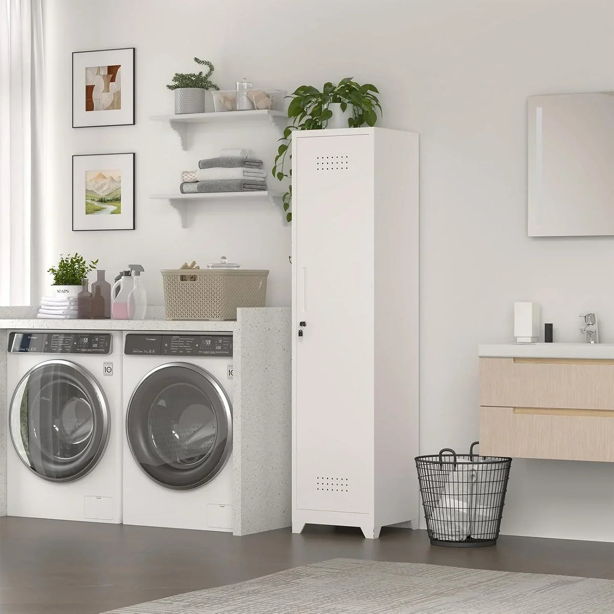 Nouveauté 2026 – Armoire à balais Marcree Slim , armoire métallique avec étagères et tringle de suspension, armoire de rangement utilitaire de 165 cm avec porte verrouillable, armoire de rangement haute pour produits de nettoyage, idéale pour la cuis