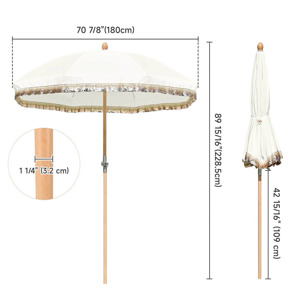 Nouveauté 2026 – Parasol de terrasse LAGarden de 1,8 m à franges et pompon, style Jazz Age, en bois, protection UPF50+, beige avec pompon doré, modèle : JZ6-01