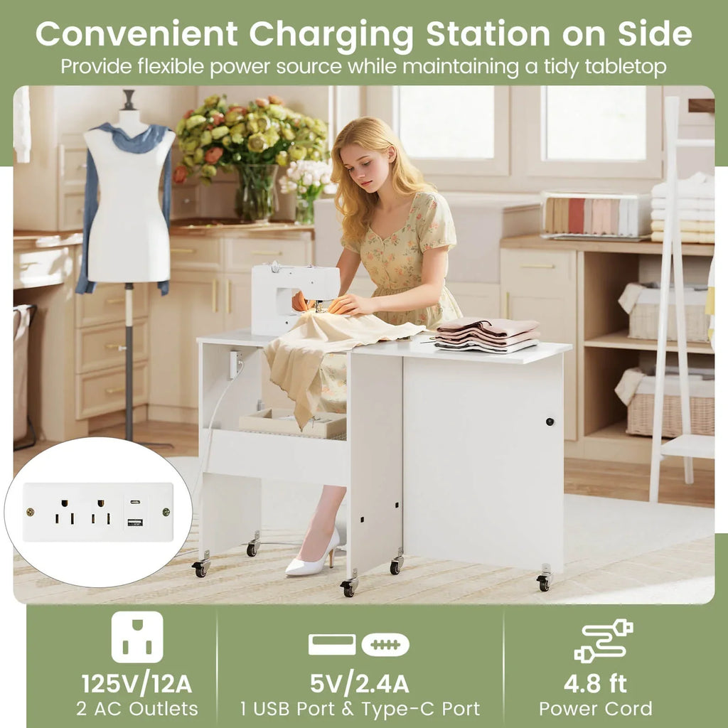 Nouveauté 2026 – Table de couture pliante Costway , station de loisirs créatifs roulante avec 3 bacs de rangement et station de charge, blanc et naturel