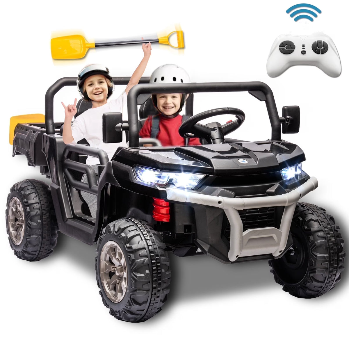 Nouveauté 2026 – Camion électrique Xuanlur 24V 2 places pour enfants , avec moteur 2x200W, benne basculante/pelle, pneus résistants, lumières LED, musique et télécommande, noir
