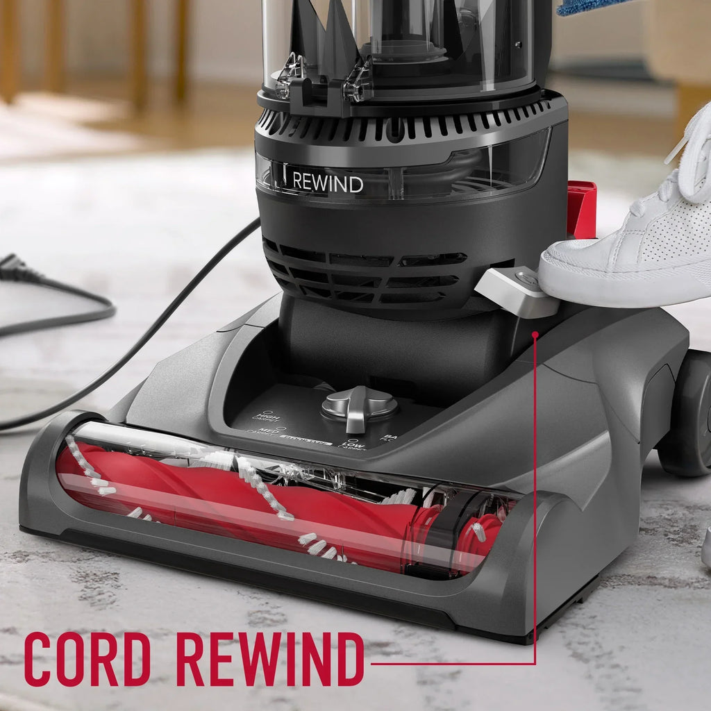 Nouveauté 2026 – Aspirateur vertical sans sac Hoover Rewind Pet , idéal pour les animaux, avec enrouleur de cordon automatique, pour le nettoyage de toutes les surfaces et des pièces en hauteur, UH77410V, gris et rouge
