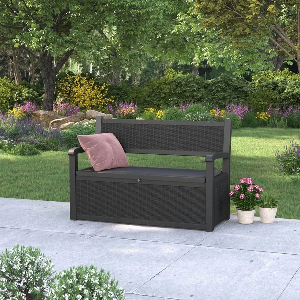 Nouveauté 2026 – Coffre de rangement Bifanuo de 70 gallons avec banc et accoudoirs, résistant à l'eau, idéal pour le mobilier de patio, les outils de jardin, le rangement de piscine et les coussins d'extérieur. Couleur : gris