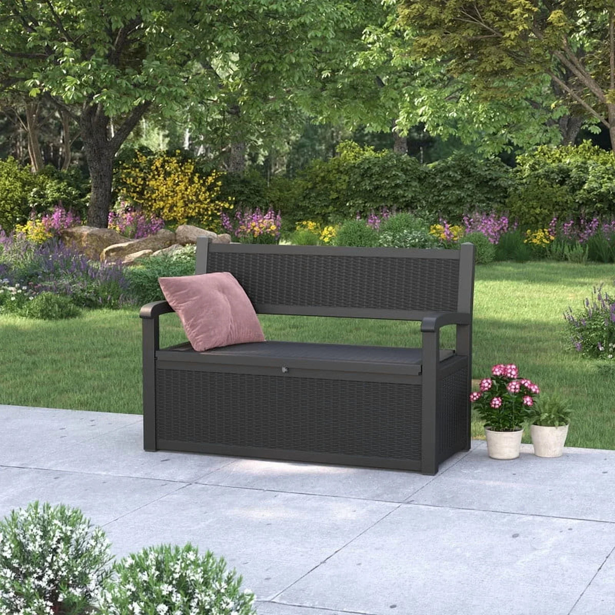 Nouveauté 2026 – Coffre de rangement Bifanuo de 70 gallons avec banc et accoudoirs, résistant à l'eau, idéal pour le mobilier de patio, les outils de jardin, le rangement de piscine et les coussins d'extérieur. Couleur : gris