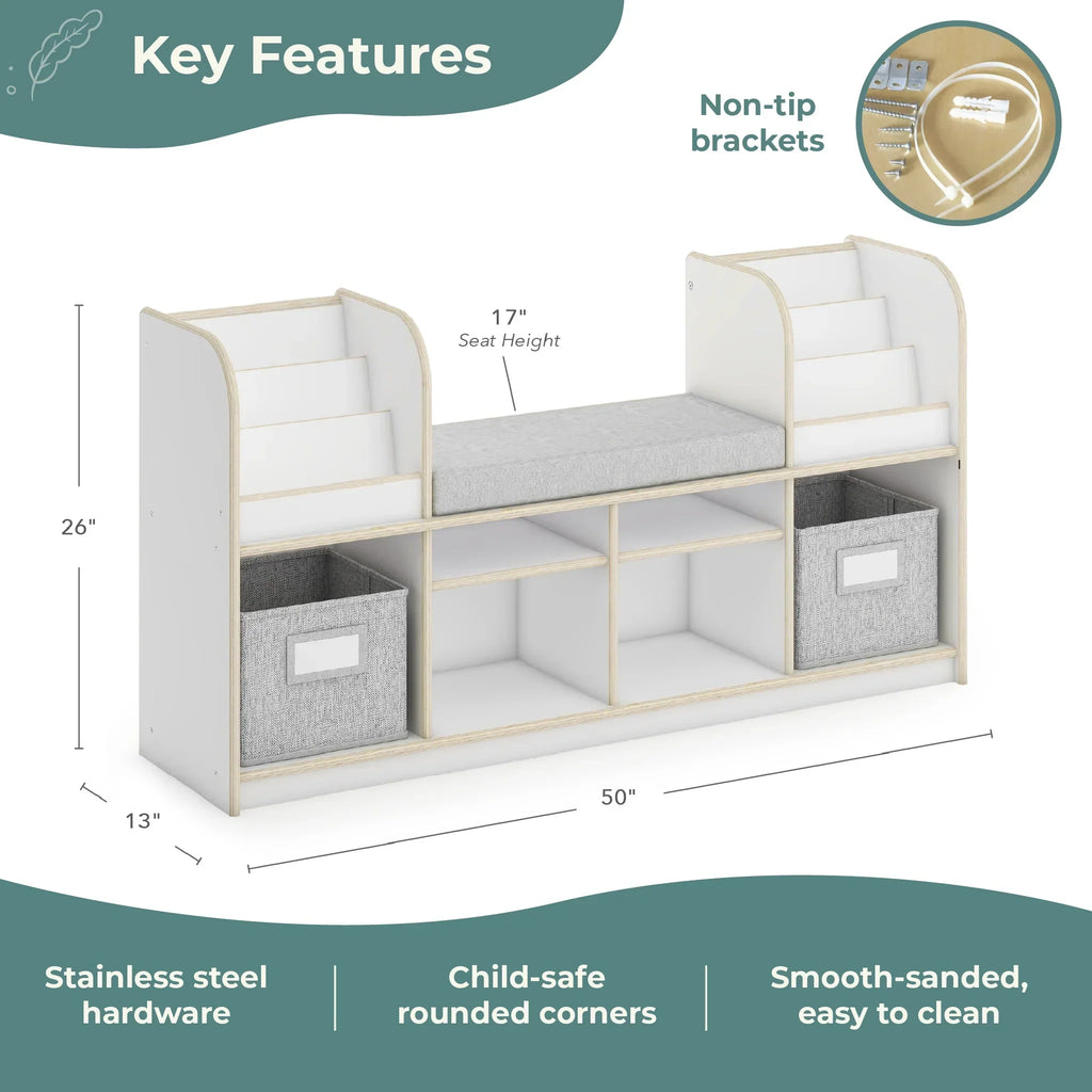 Nouveauté 2026 – Coin lecture EdQ de Guidecraft - Naturel : Banc de lecture en bois pour chambre d'enfant, étagère à livres, rangement pour jouets et cubes de rangement