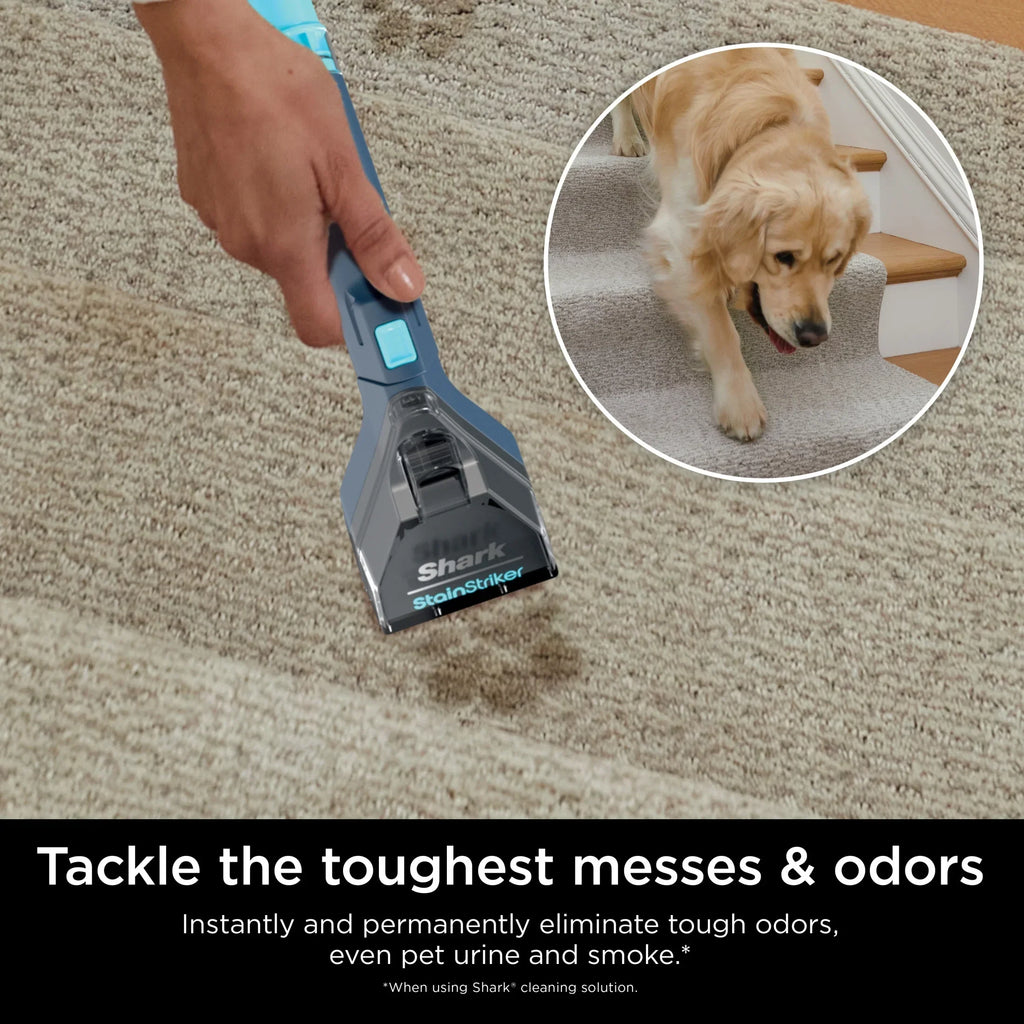 Nouveauté 2026 – Nettoyant pour tapis et tissus d'ameublement Shark StainStriker , portable avec 2 accessoires, 177 ml de formule Deep Clean Pro et 355 ml de formule OXY Multiplier, PX200 bleu marine/blanc