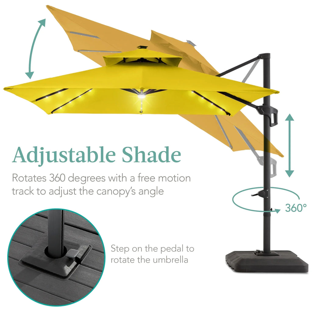 Nouveauté 2026 – Parasol de terrasse carré déporté à deux niveaux, 3 x 3 m, à éclairage solaire LED, avec base incluse (Best Choice Products, ) - Beige