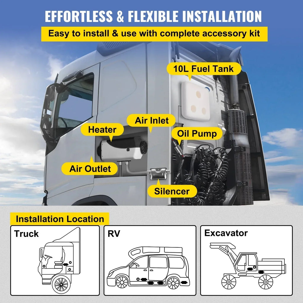 Nouveauté 2026 – Chauffage d'air diesel VEVORbrand 5 kW, réservoir de 10 L, chauffage diesel 12 V avec silencieux, thermostat LCD et télécommande pour camping-cars, bus, remorques, caravanes et bateaux