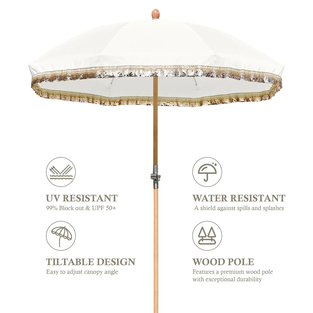 Nouveauté 2026 – Parasol de terrasse LAGarden de 1,8 m à franges et pompon, style Jazz Age, en bois, protection UPF50+, beige avec pompon doré, modèle : JZ6-01