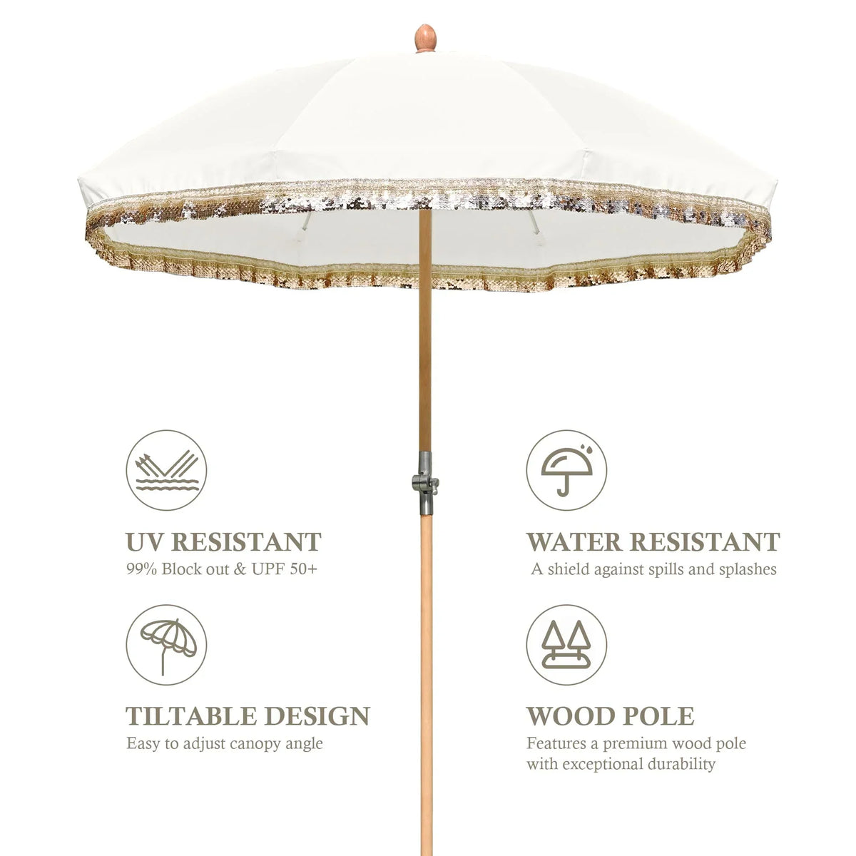 Nouveauté 2026 – Parasol de terrasse LAGarden de 1,8 m à franges et pompon, style Jazz Age, en bois, protection UPF50+, beige avec pompon doré, modèle : JZ6-01
