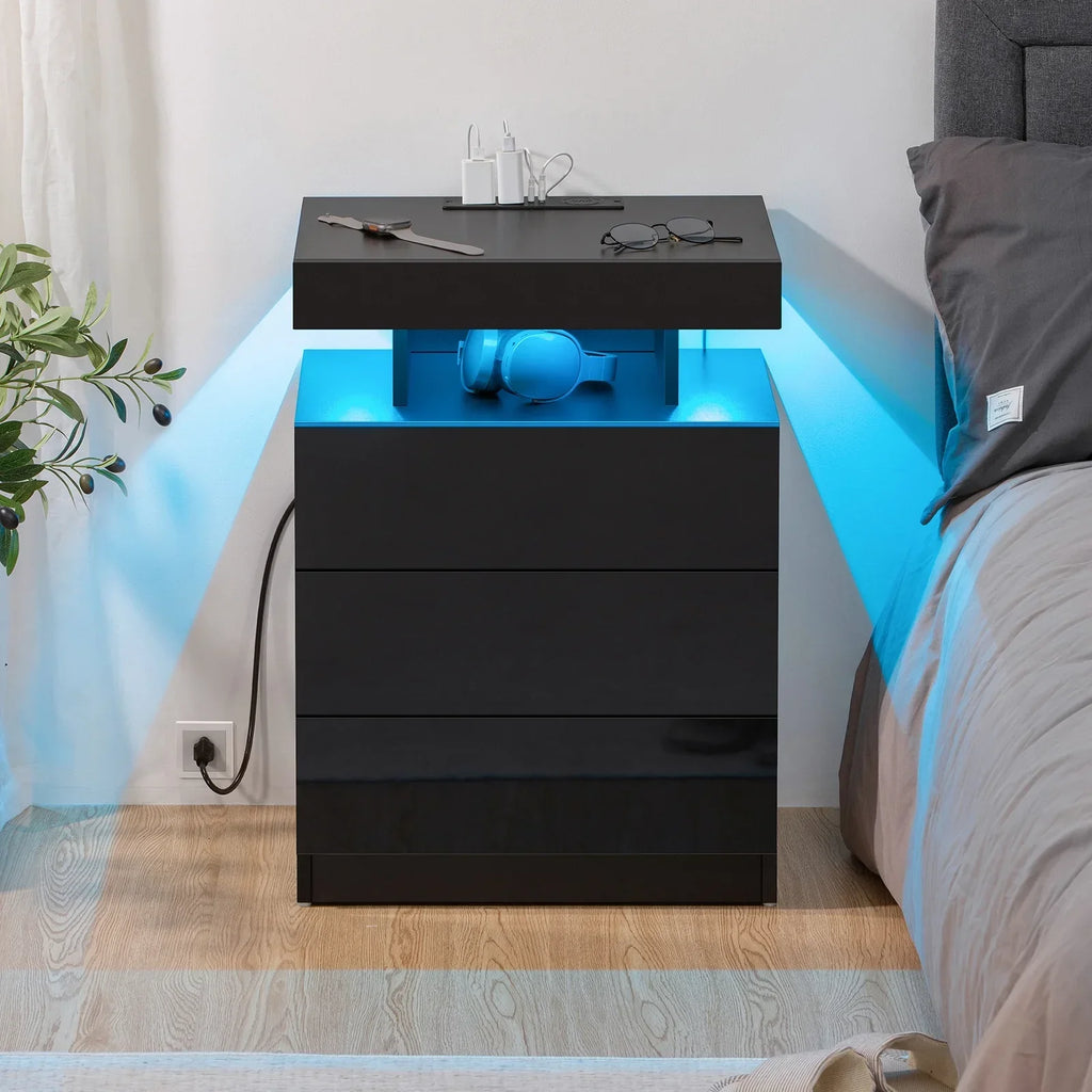 Nouveauté 2026 – Table de chevet LED Hommpa avec station de charge sans fil, ports USB Type-C, 3 tiroirs, finition laquée noire, style moderne et élégant, hauteur 68 cm (26,8 pouces). Idéale pour la chambre à coucher