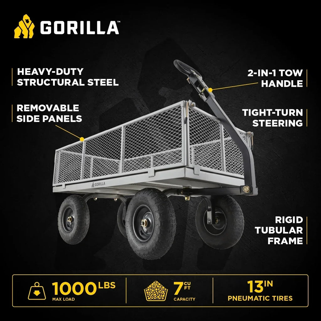 Nouveauté 2026 – Chariot utilitaire en acier Gorilla Carts, capacité de 1000 lb, modèle n° GOR1001-Com, pneus pneumatiques de 13 pouces
