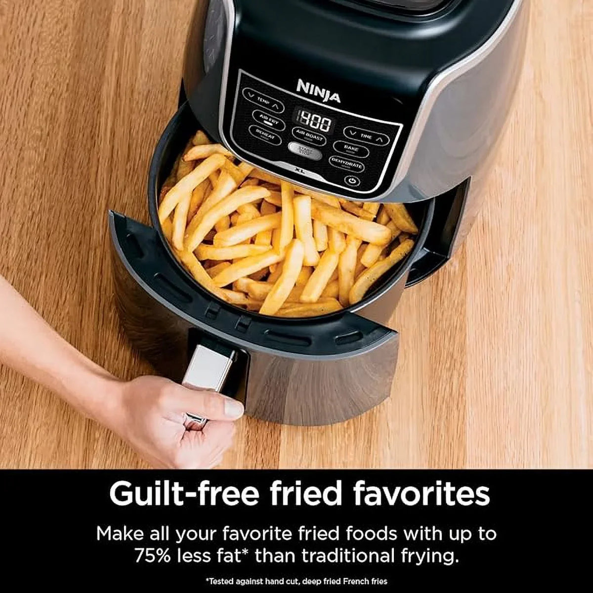 Nouveauté 2026 – Friteuse à air chaud Ninja AF150AMZ XL , capacité de 5,5 litres, permettant de frire, rôtir, cuire, réchauffer et déshydrater. Panier et plaque antiadhésive compatibles lave-vaisselle, guide de recettes inspirées par des chefs inclus