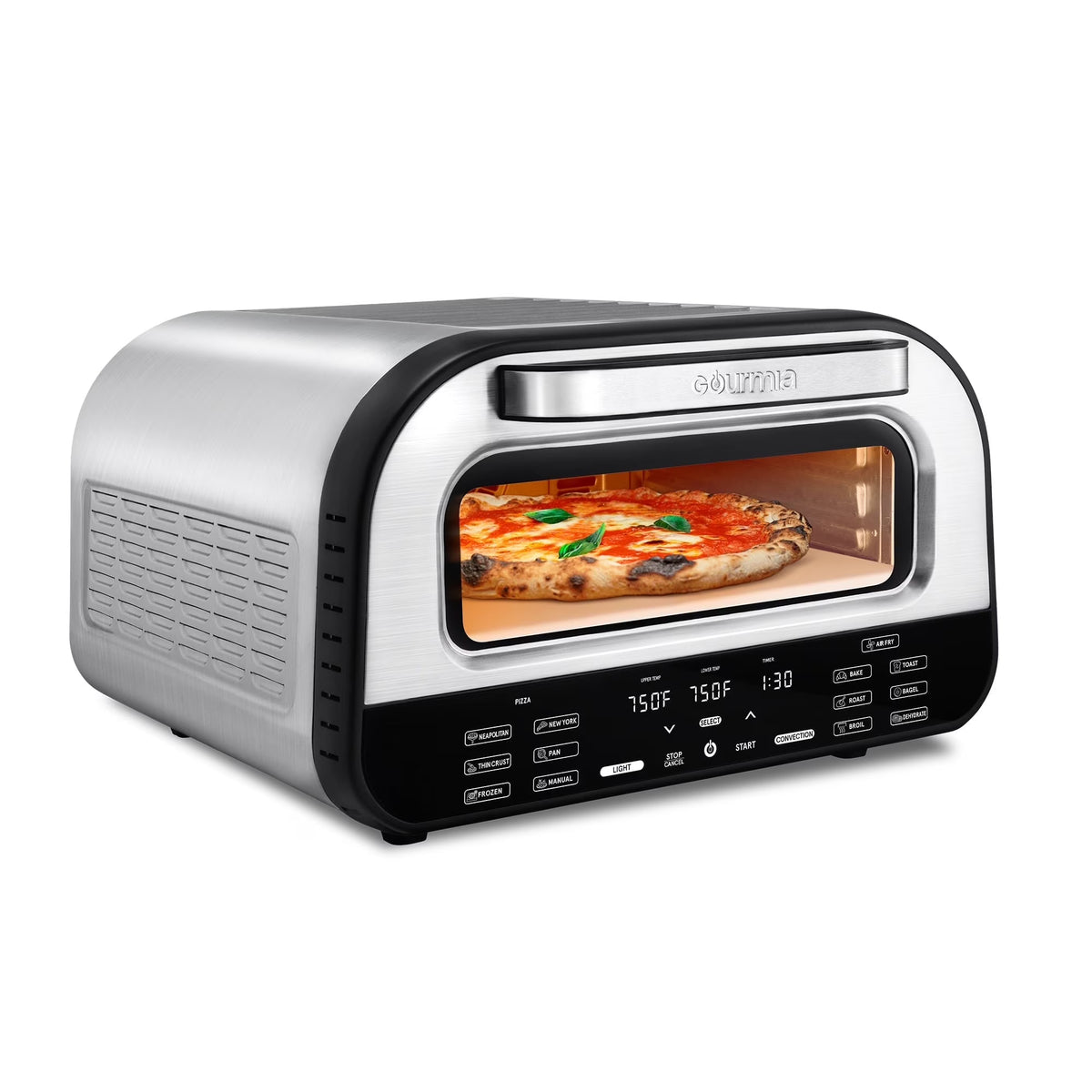Nouveauté 2026 – Four à pizza d'intérieur Gourmia - Tout-en-un avec 7 fonctions de cuisson, 6 programmes pizza prédéfinis, acier inoxydable