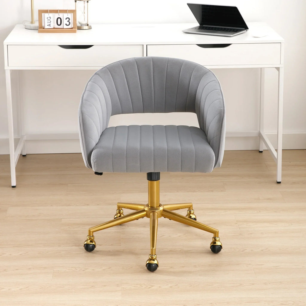 Nouveauté 2026 – Chaise de bureau Westice , chaise de travail en velours, chaise pivotante réglable en hauteur avec base dorée, idéale pour coiffeuse, bureau, salon ou salle informatique, beige