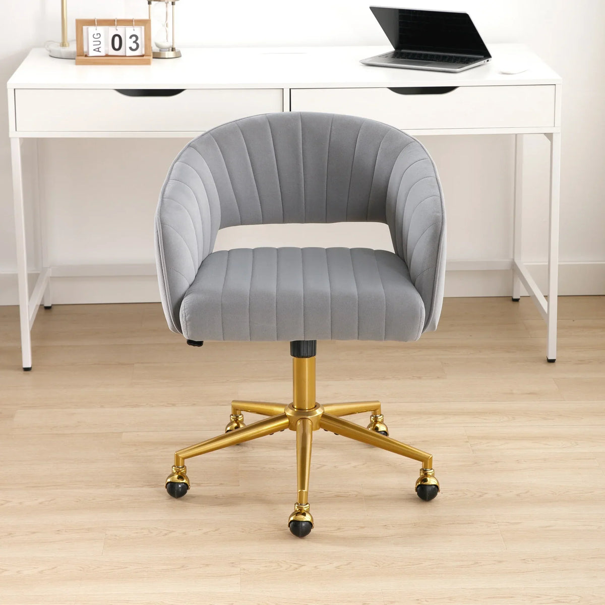 Nouveauté 2026 – Chaise de bureau Westice , chaise de travail en velours, chaise pivotante réglable en hauteur avec base dorée, idéale pour coiffeuse, bureau, salon ou salle informatique, beige