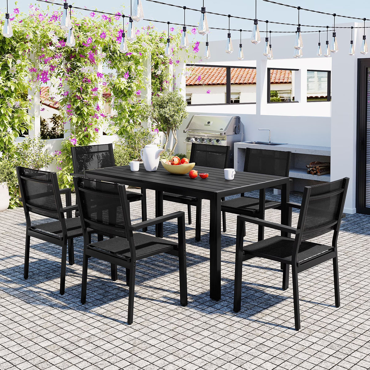 Nouveauté 2026 – Ensemble de salle à manger d'extérieur 7 pièces , comprenant une table et des chaises pour 6 personnes, un plateau en plastique imitation bois et un mobilier de jardin en textilène. Idéal pour terrasse ou patio